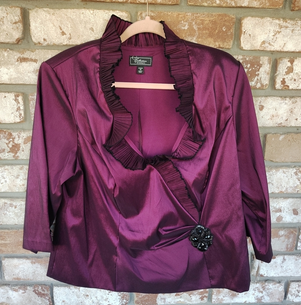 Dressbarn NWT Satin Burgundy Top Ruffle Neckline 16 Formal Party Whimsigoth